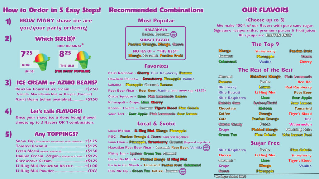 Ululani's Hawaiian Shave Ice Menu in Maui